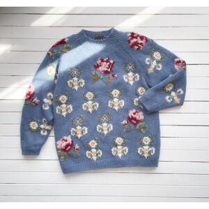 vtg SIBA blue floral fleur de lis mohair‎ sweater